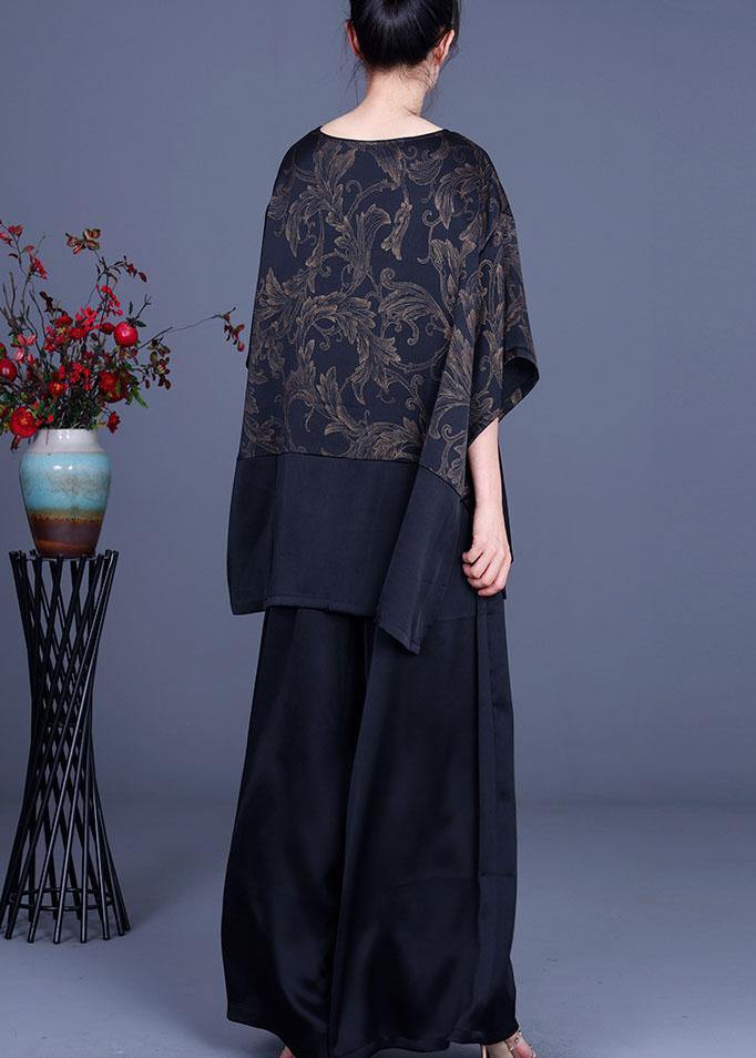 Navy Print Patchwork Long Smock Wide Leg Chiffon Two Pieces Set