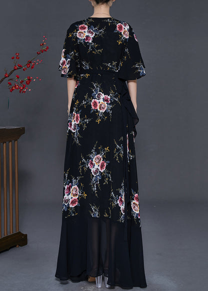 Black Asymmetrical Print Chiffon Maxi Dresses Summer