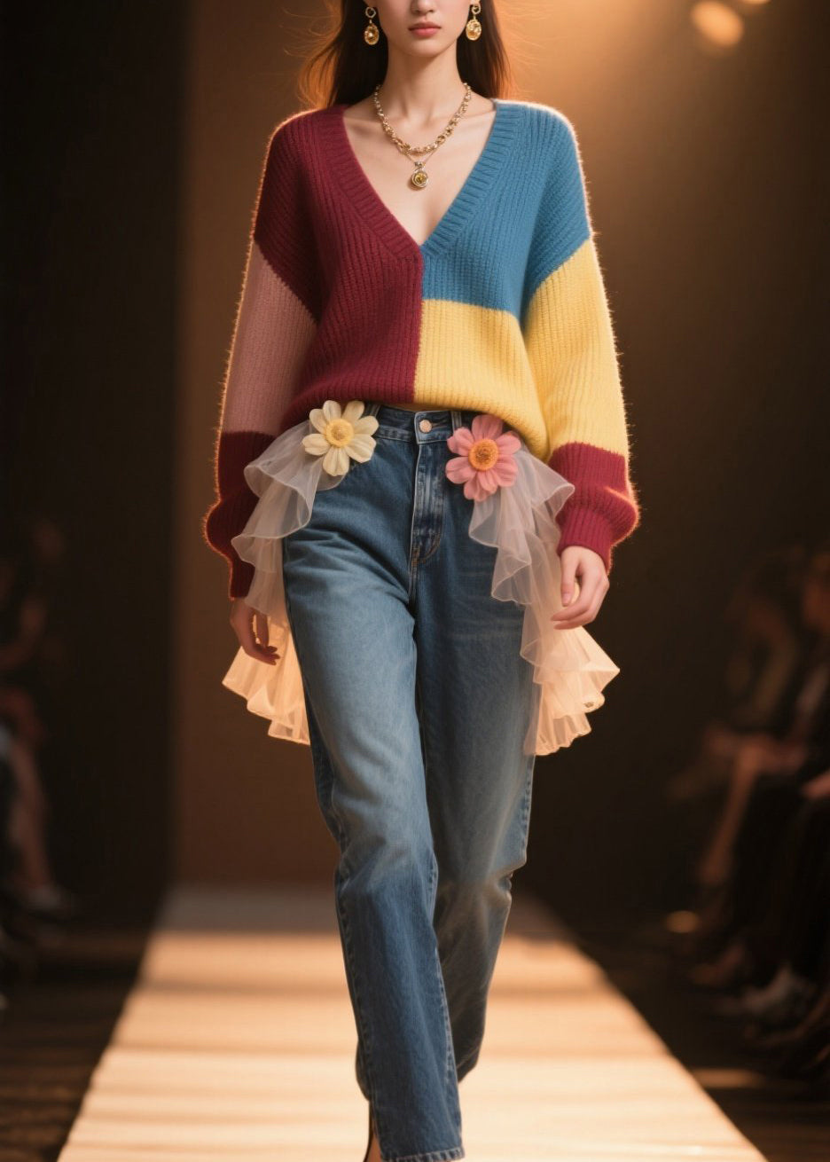 Colorblock V Neck Loose Knit Sweater Fall