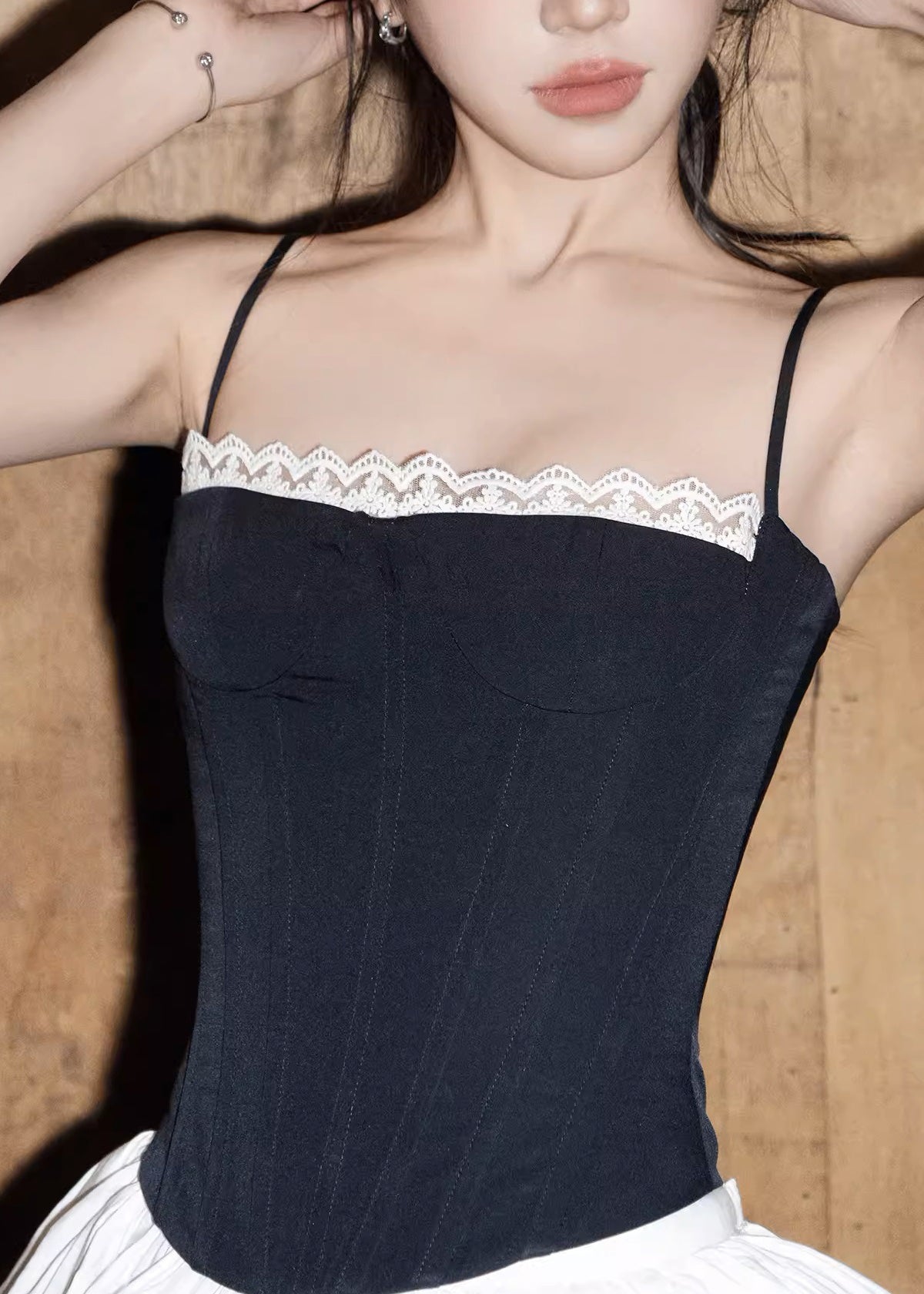 Slim Fit Black Lace Spaghetti Strap Tank and White Skirts Cotton Two Pieces Set Sleeveless