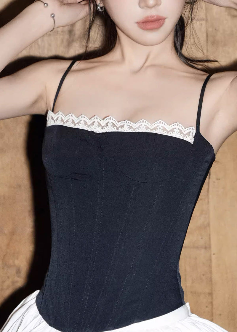 Slim Fit Black Lace Spaghetti Strap Tank and White Skirts Cotton Two Pieces Set Sleeveless