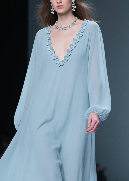 Blue V Neck Chiffon Long Dresses