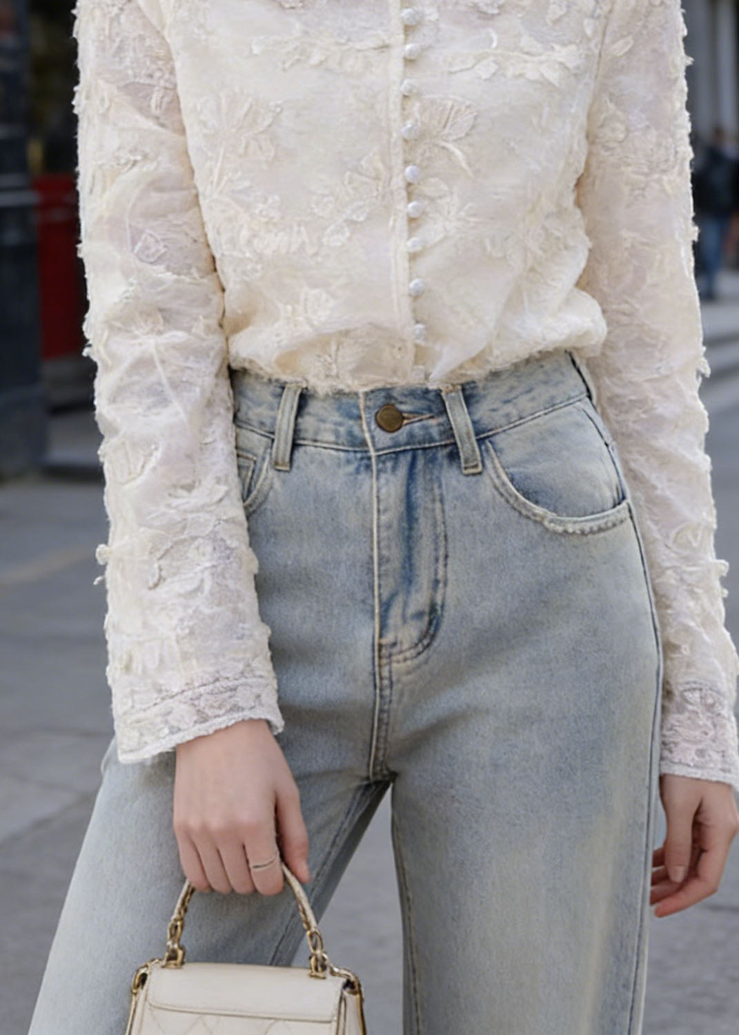 French Apricot O Neck Embroidered Lace Top Spring