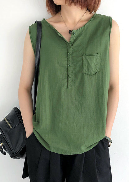 Modern Green O-neck Linen Tops Sleeveless