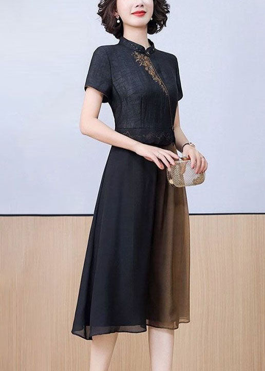 Black Stand Collar Patchwork Embroideried Silk Dress Summer