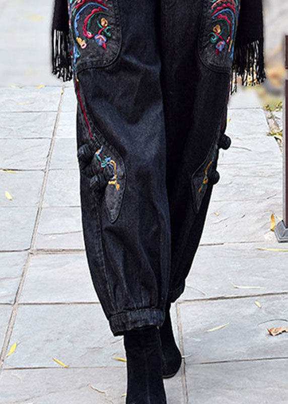 Black Grey Elastic Waist Embroideried Pockets Cotton Denim Harem Pants Spring