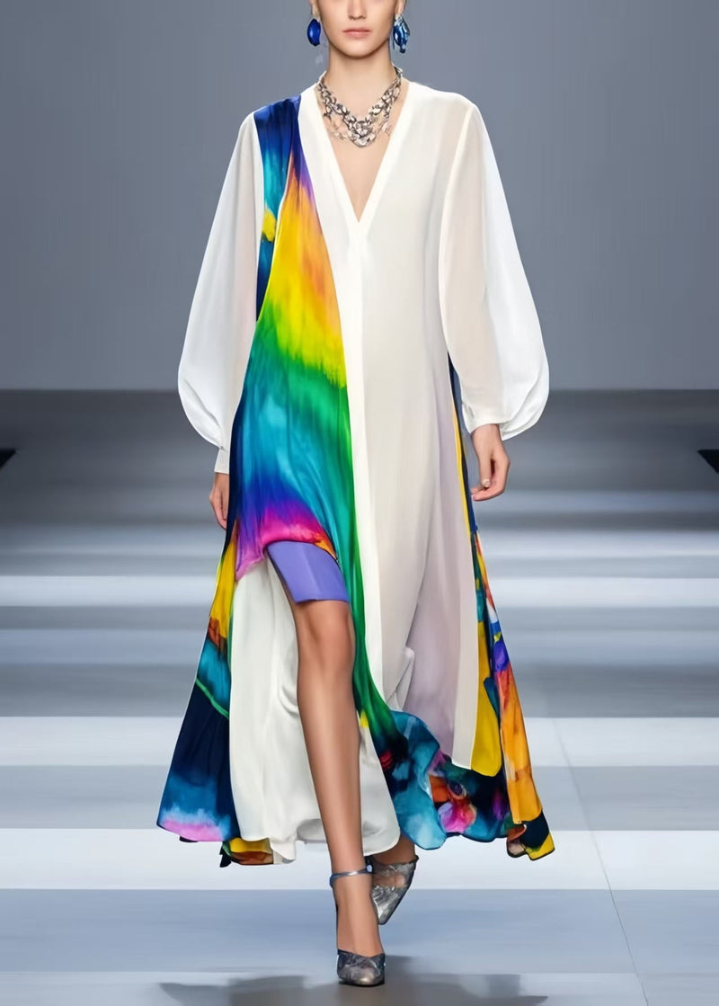 White Oversized Patchwork Chiffon Beach Dress Spring
