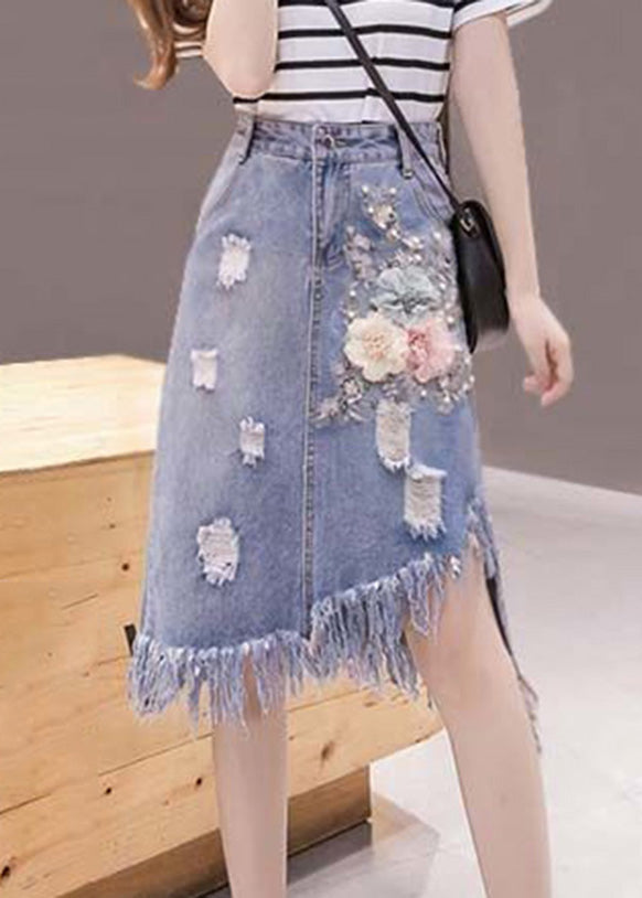 Blue Asymmetrical Patchwork Tassel Hole Denim Skirts Summer