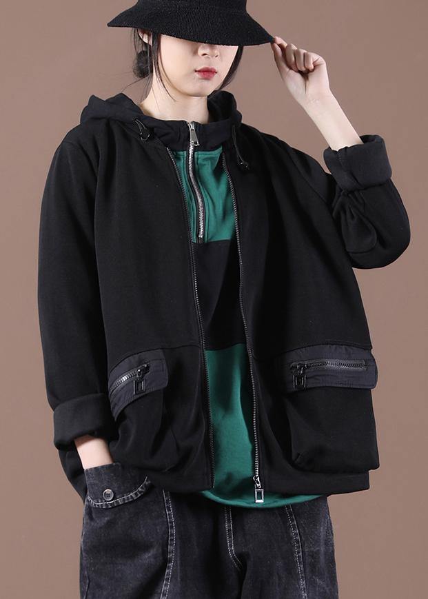 Italian Black Zippered Hooded Coat Spring