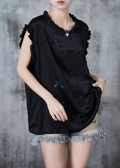 Black Ruffled Bow Silk Tank Summer