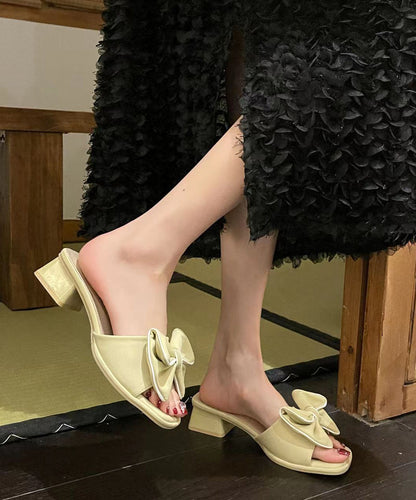 Light Yellow Chunky Faux Leather Splicing Bow Slide Sandals