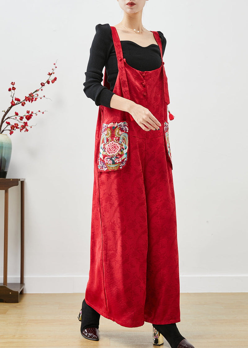 Red Embroideried Pockets Silk Jumpsuit Fall