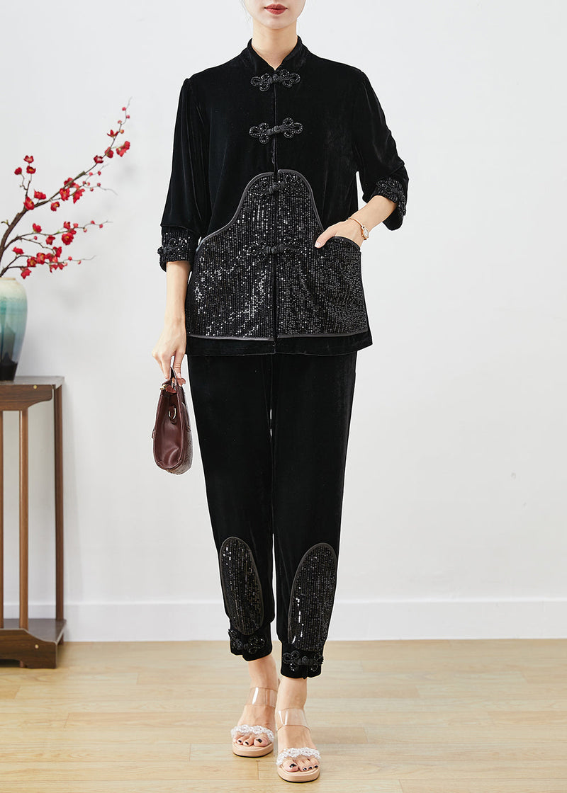 Black Sequins Patchwork Chinese Button Silk Velour Two Pieces Set Fall