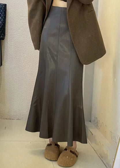 Simple Coffee Elastic Waist Faux Leather Skirt Fall