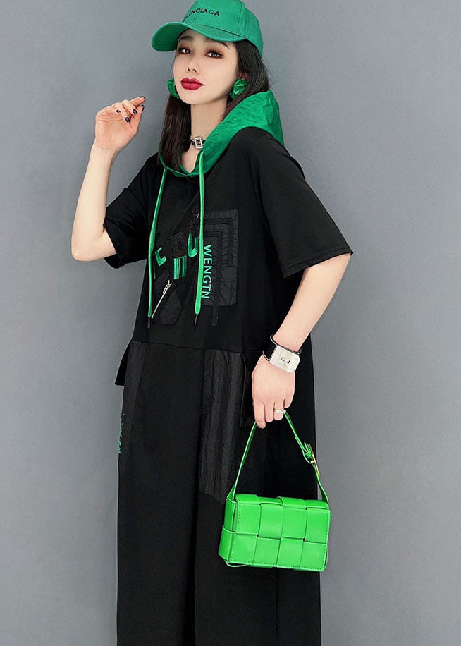 Black Colorblock Hooded Cotton Sweatshirts Dress Short Sleeve