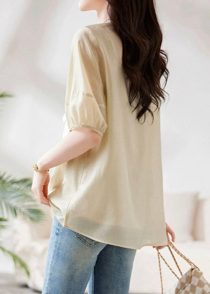 Khaki Patchwork Chiffon Summer Shirts O-neck