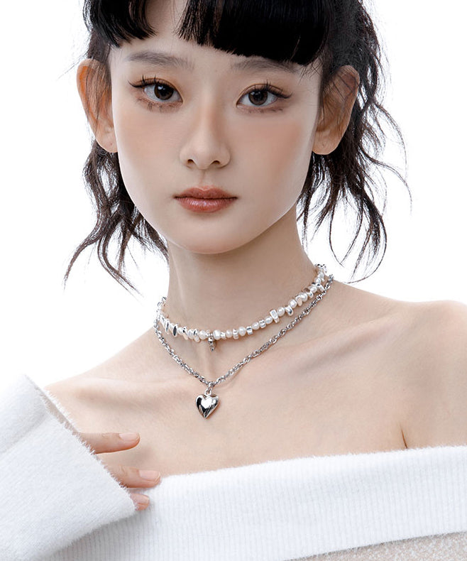 Boutique Pearl Love Heart Pendant Two Piece Set Alloy Necklace