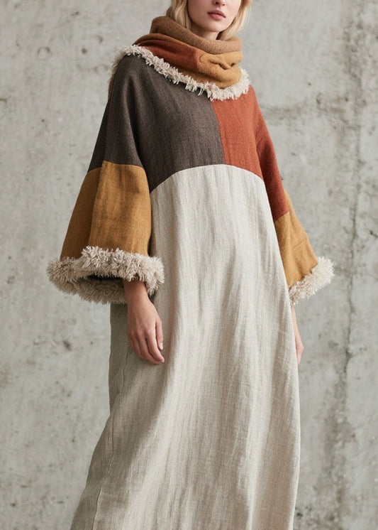 Original Design Colorblock Fuzzy Fur Patchwork Cotton Dress Fall
