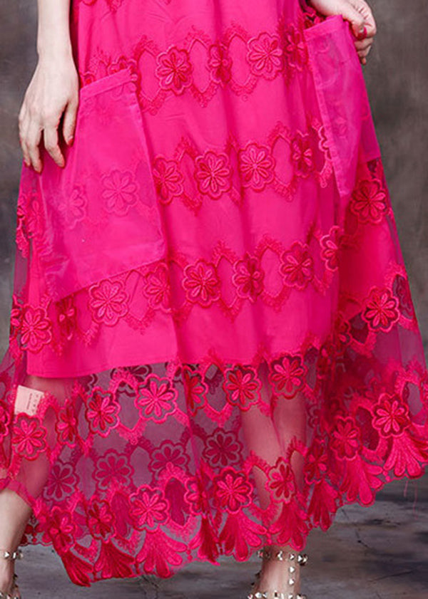 Rose Stand Collar Embroideried Hollow Out Tulle Vacation Long Dress Short Sleeve