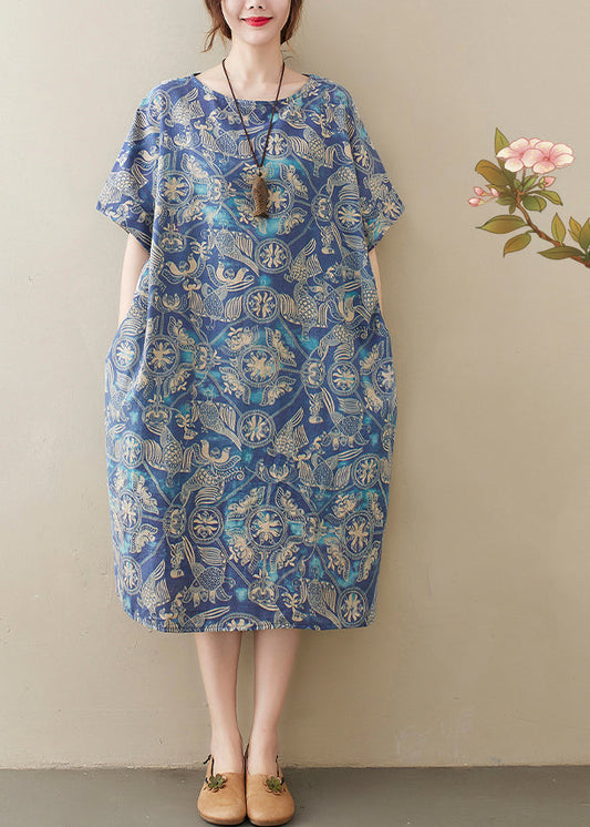 Original Design Blue O-neck Print Cotton Loose Dress Short Sleeve