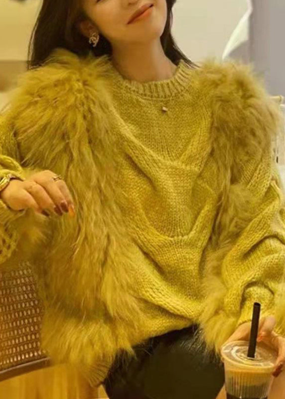 Yellow O-neck Fuzzy Fur Fluffy Cotton Cozy Knit Sweaters Fall