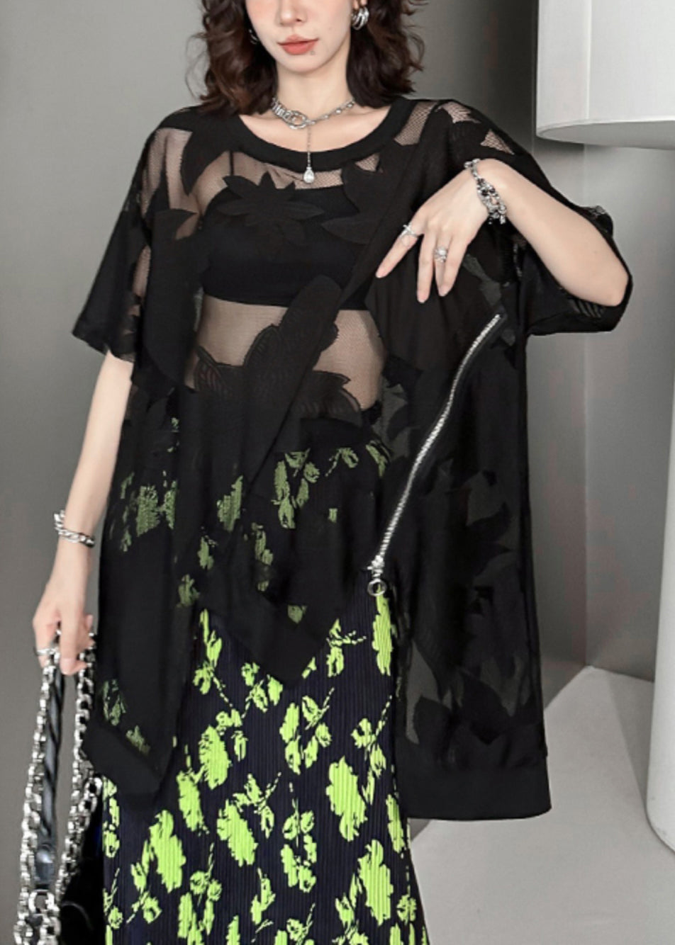 Black Asymmetrical Embroideried Patchwork Lace T Shirt Summer