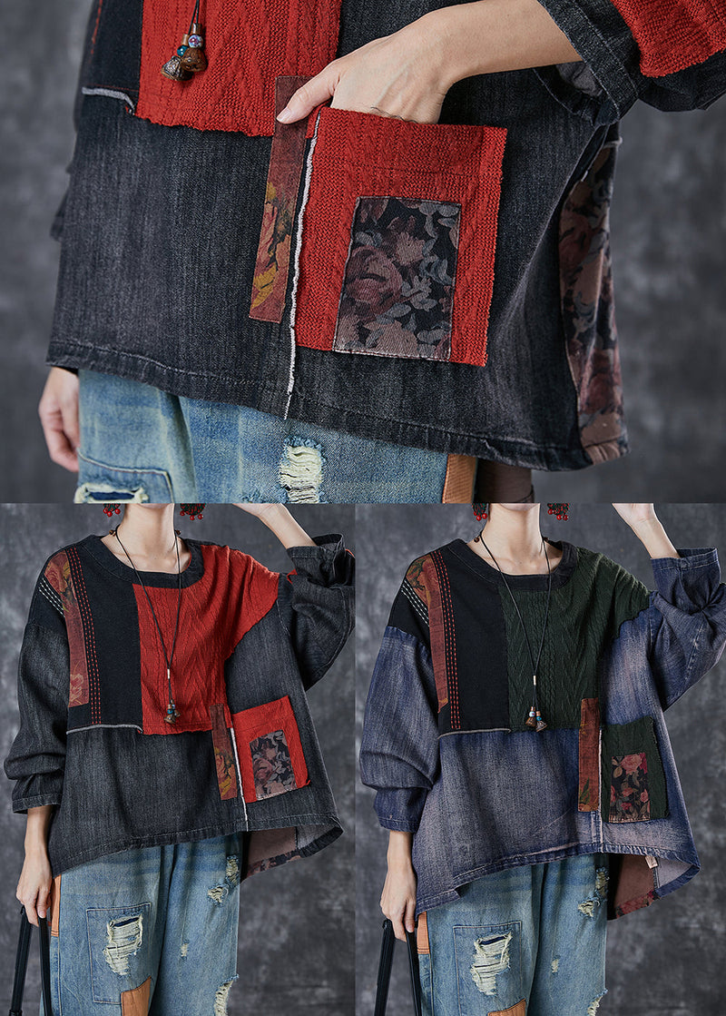 Loose Black Asymmetrical Patchwork Denim Blouse Top Spring