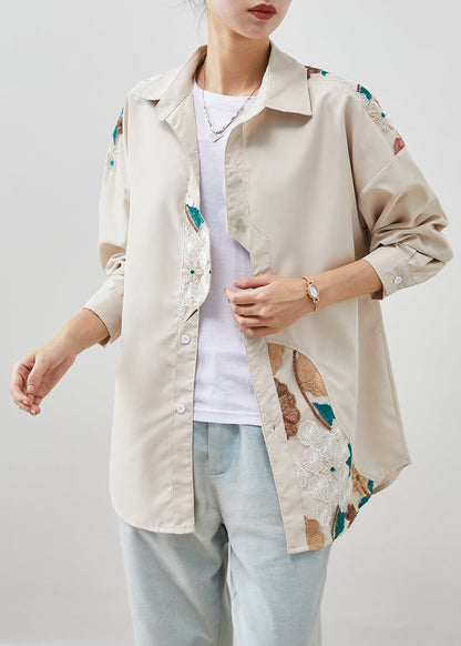 Beige Patchwork Cotton Shirts Embroideried Fall