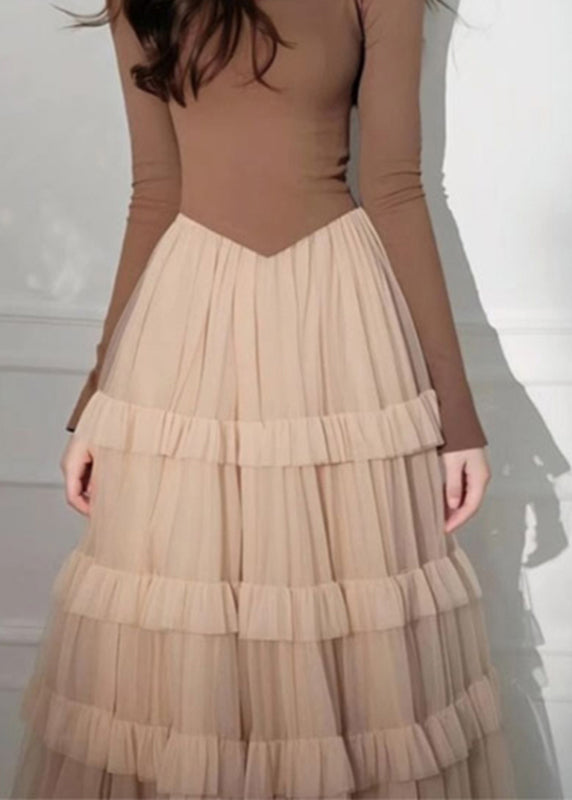 Coffee Square Collar Tulle Patchwork Long Cake Dress Spring