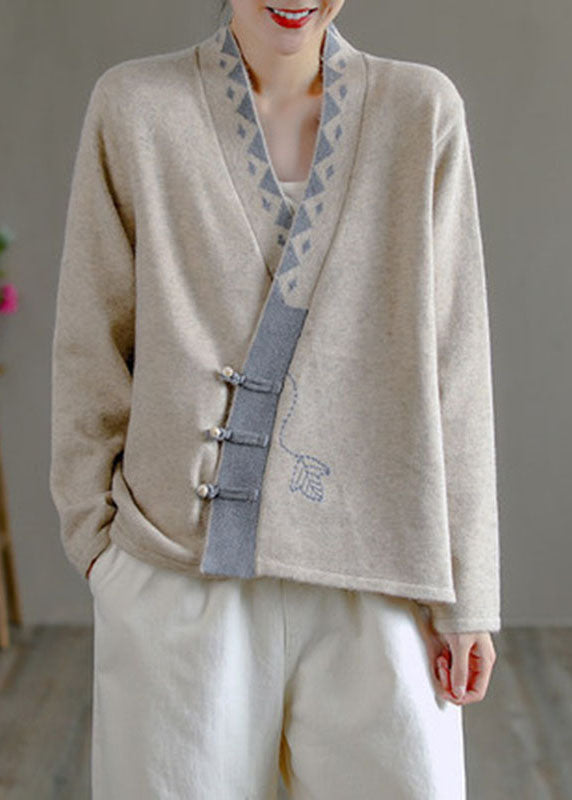 Art Beige V Neck Embroideried Asymmetrical Design Patchwork Fall Knit Sweaters