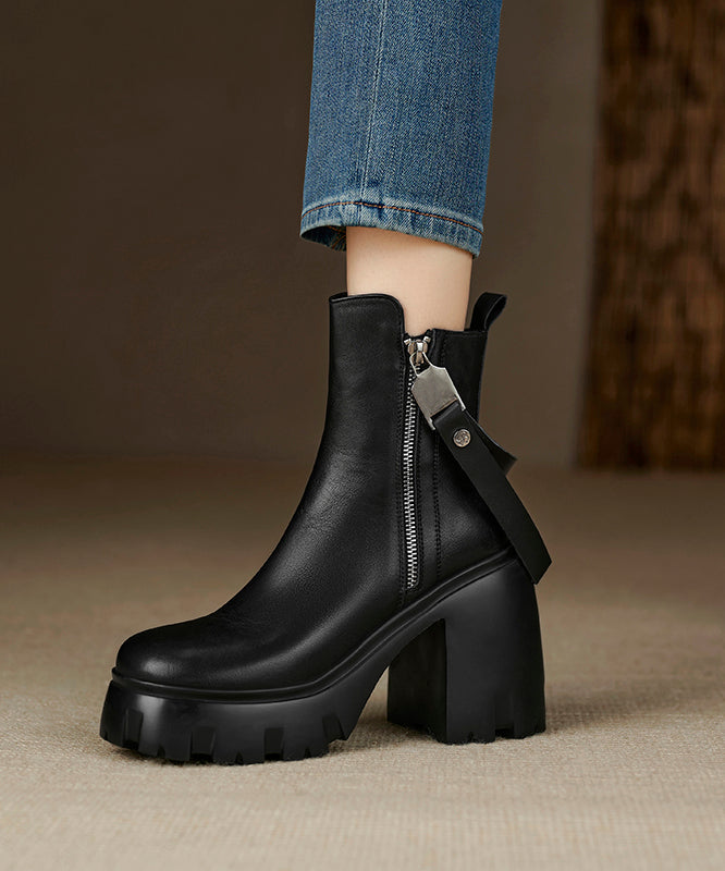 Black Zippered Splicing Cowhide Leather Chunky Heel Boots