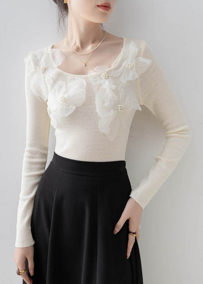 Apricot O Neck Nail Bead Knit Top Spring
