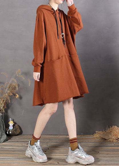 Art Caramel Asymmetrical Pockets Cotton Sweatshirts Dress Spring