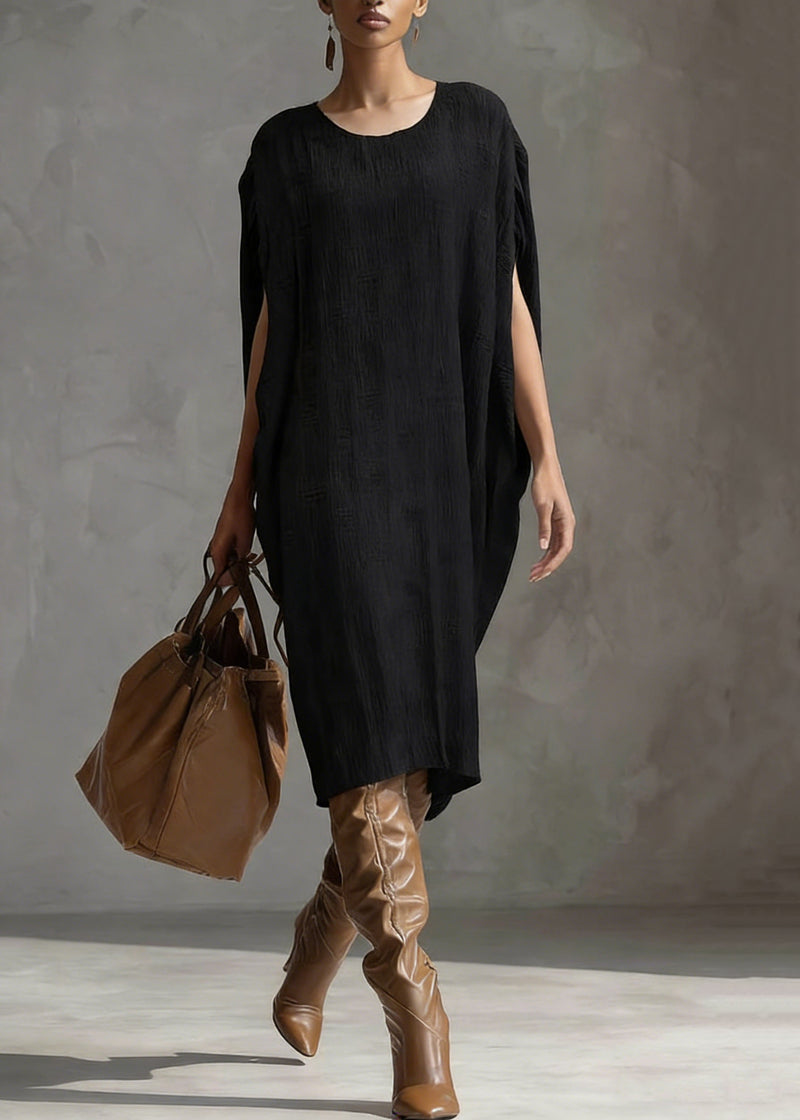 Coffee O Neck Oversized Silk Cotton Dress Batwing Sleeve