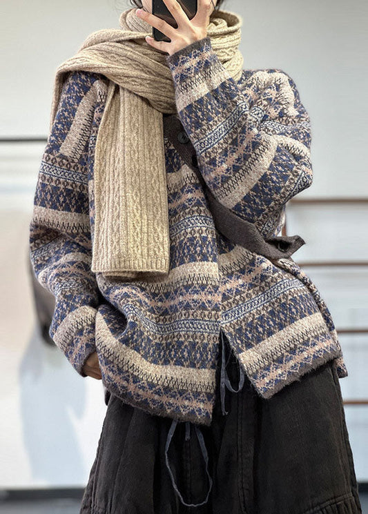 Blue Asymmetrical Oversized Print Wool Knit Cardigan Winter