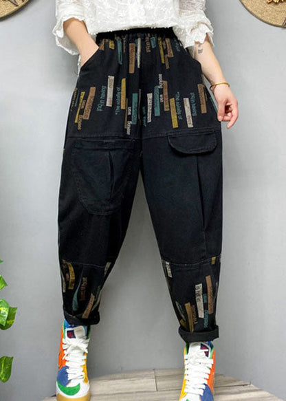 Fitted Black Elastic Waist Print Denim Pants Spring
