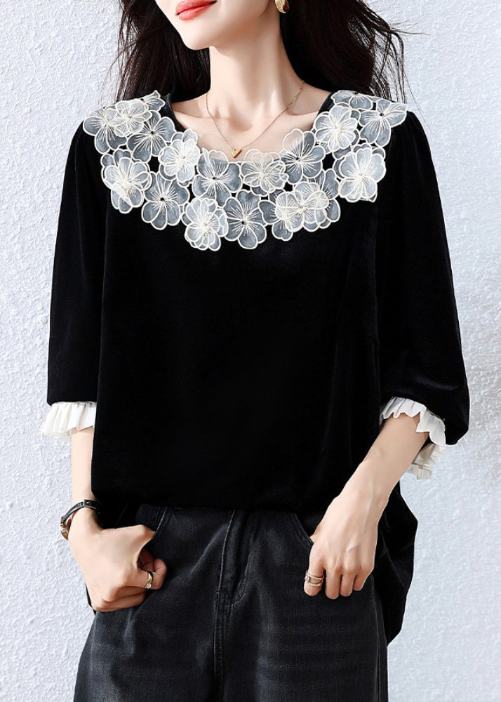 Black Patchwork Silk Velour T Shirt Fall