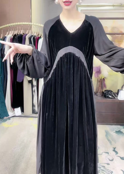 Loose Black V Neck Patchwork Silk Velour Long Dress Winter