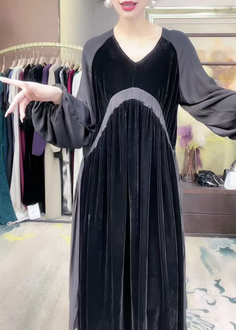 Loose Black V Neck Patchwork Silk Velour Long Dress Winter