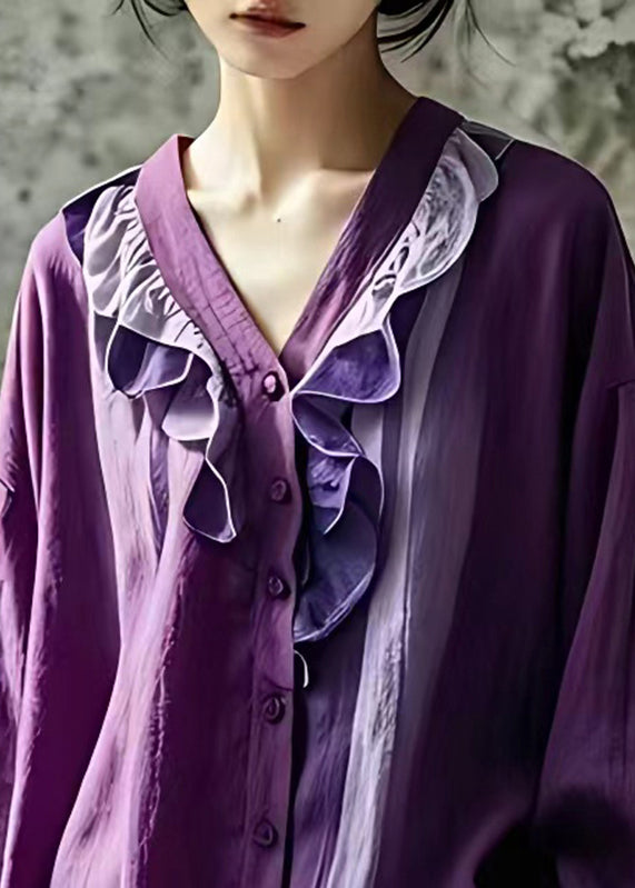 Purple V Neck Ruffled Patchwork Shirt Fall