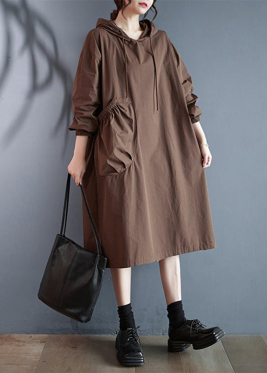 Coffee Hooded Pockets Cotton Dress Long Sleeve