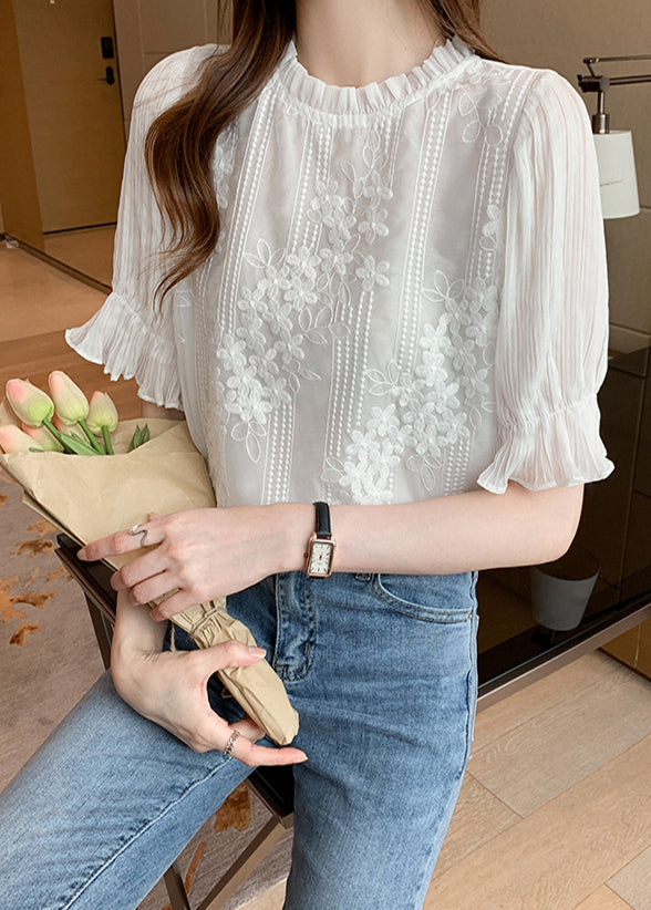 White Embroidered Chiffon Shirts Summer