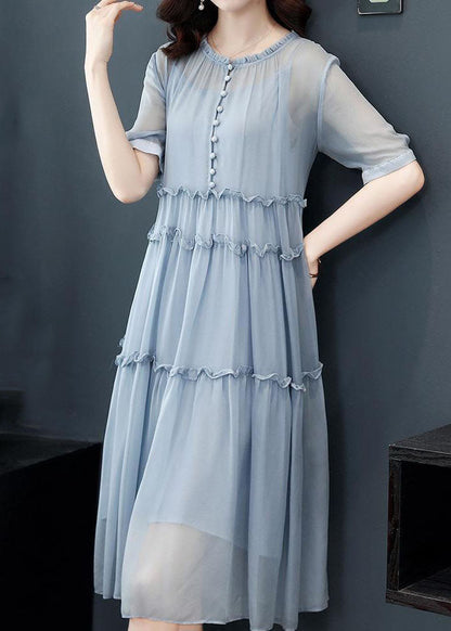 Simple Blue O-neck Wrinkled Patchwork Silk Two Pieces Set Dress Summer