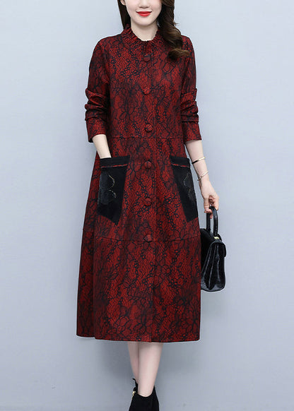 Red Stand Collar Print Long Trench Coats Spring