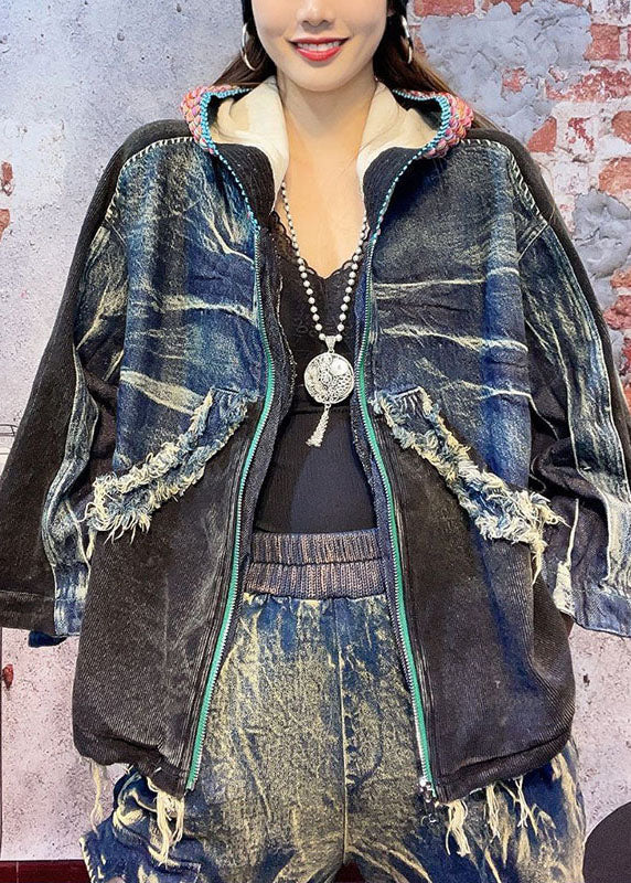 Fitted Black Hooded Patchwork Fall Denim Long Sleeve Coat