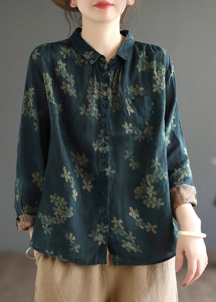 Dark Blue Peter Pan Collar Print Linen Shirt Long Sleeve