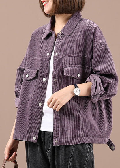 Purple Peter Pan Collar Pockets Button Fall Coat Long Sleeve