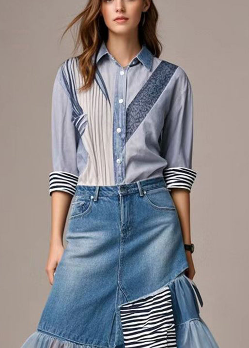 Blue Asymmetrical Patchwork Tulle Denim Skirts Spring