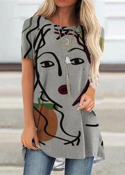 Grey Comfortable Print Short Sleeve Top