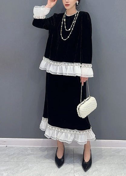 Classy Black O-neck Ruffled Tops and Skirts Velour Two Pieces Set Fall